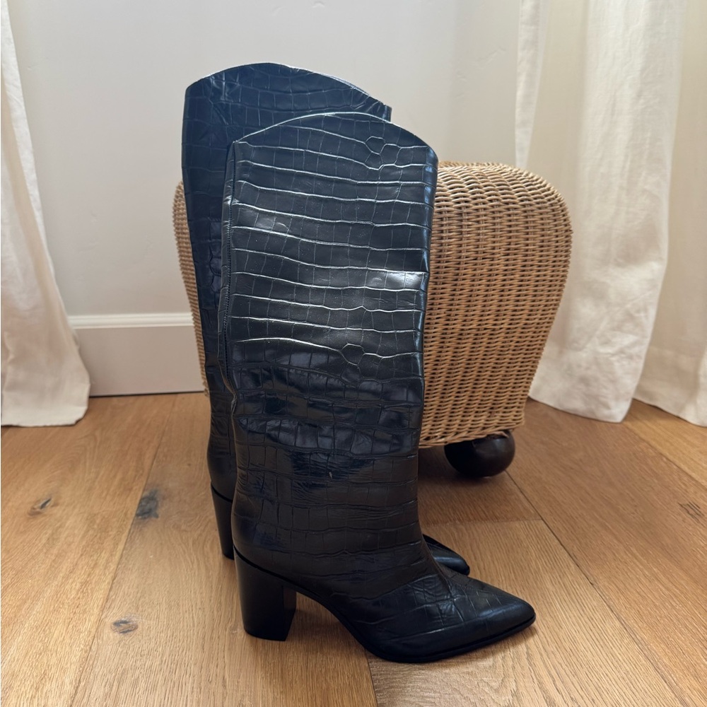 SCHUTZ Black Croc-Embossed Heeled Boots